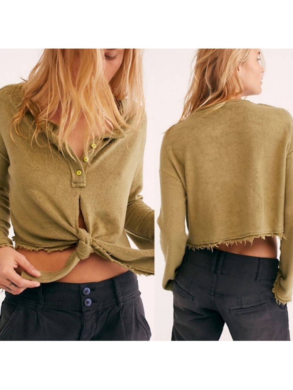 Free People Emma’s Henley Crop Top Small Dirty Martini Tie Front Sweater
